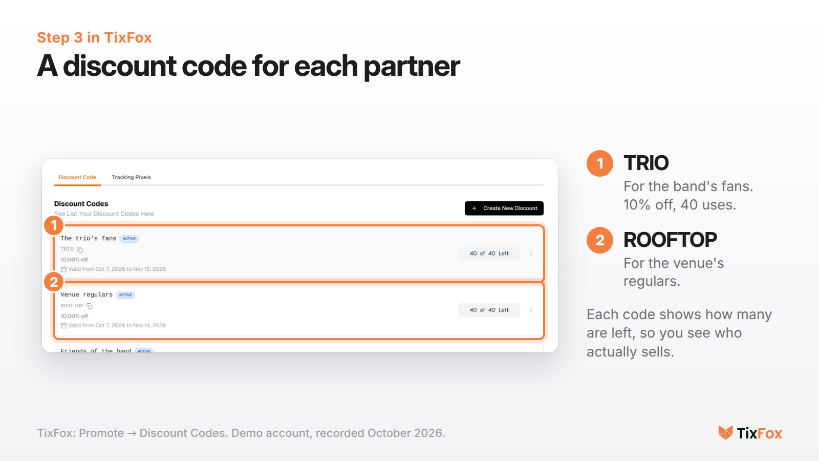 TixFox discount codes: The trio's fans (TRIO), Venue regulars (ROOFTOP), each 10% off with 40 uses