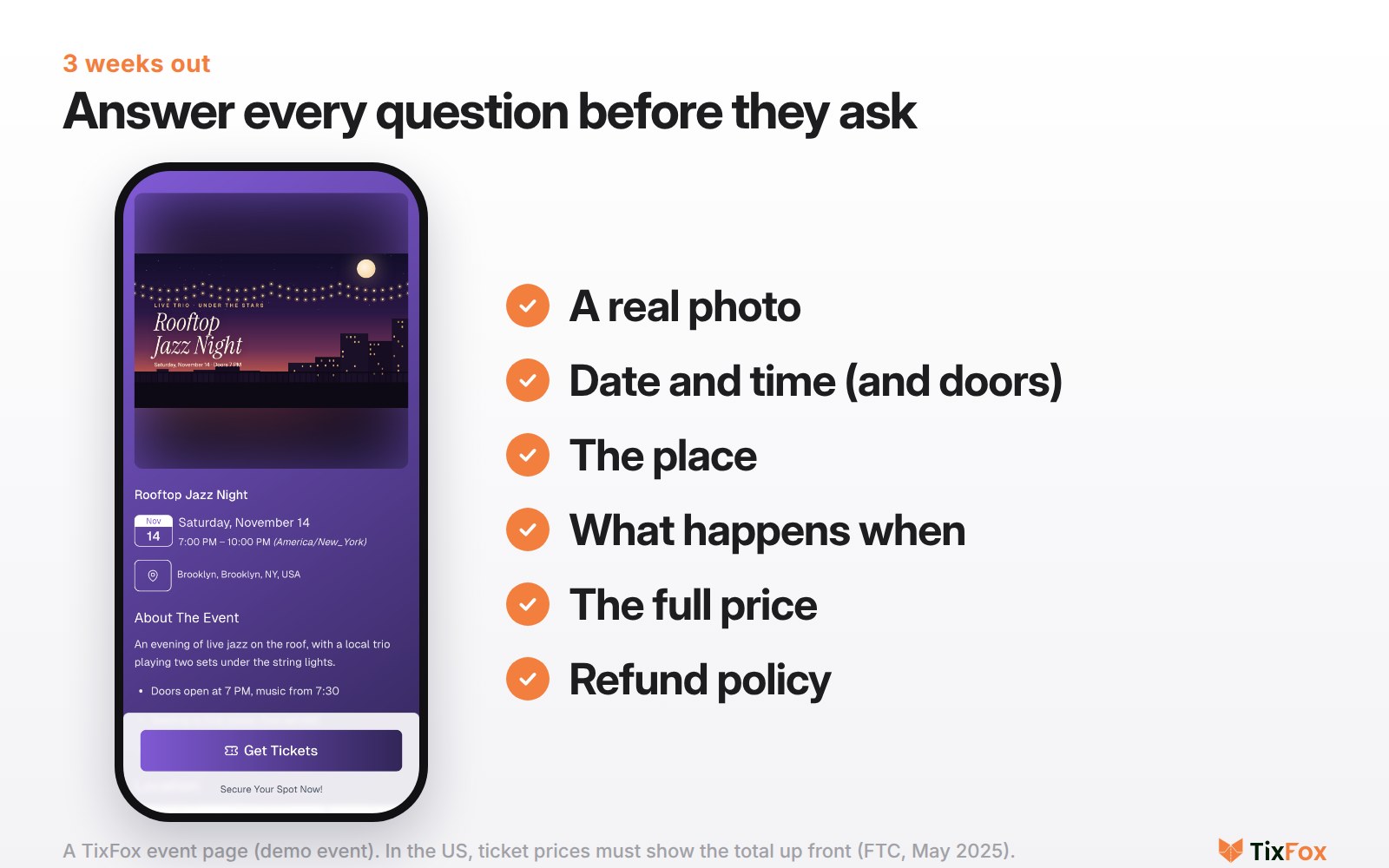 A TixFox event page on a phone, next to a checklist: real photo, date and time, place, what happens when, full price, refund policy