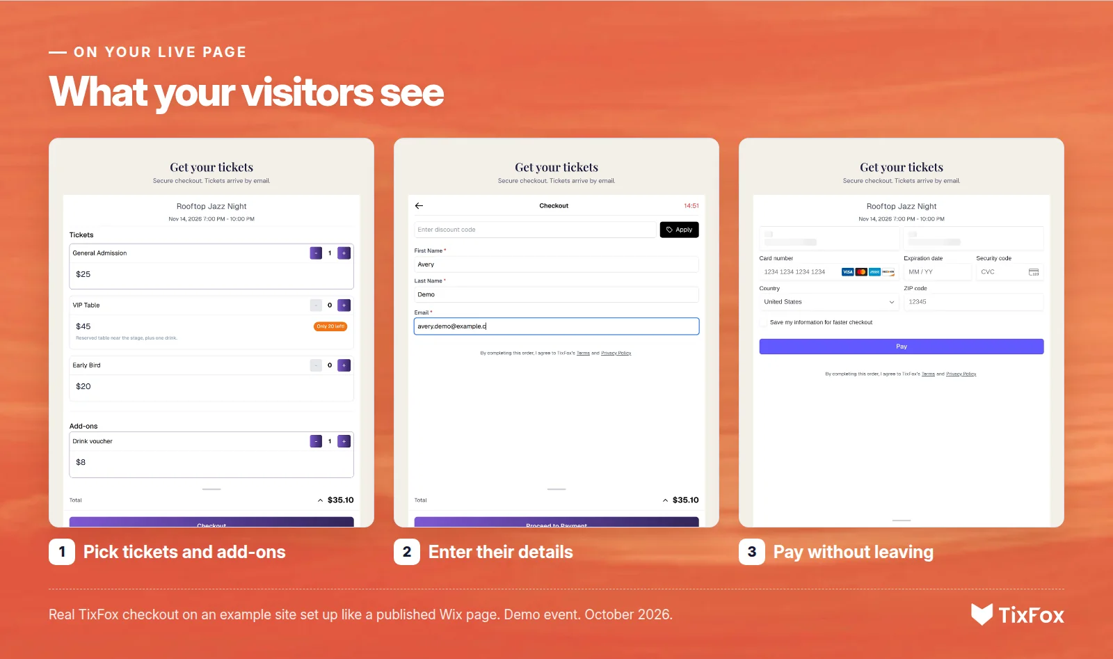 What visitors see on a Wix page with the real TixFox checkout: 1, pick tickets and add-ons. 2, enter their details. 3, pay without leaving the site