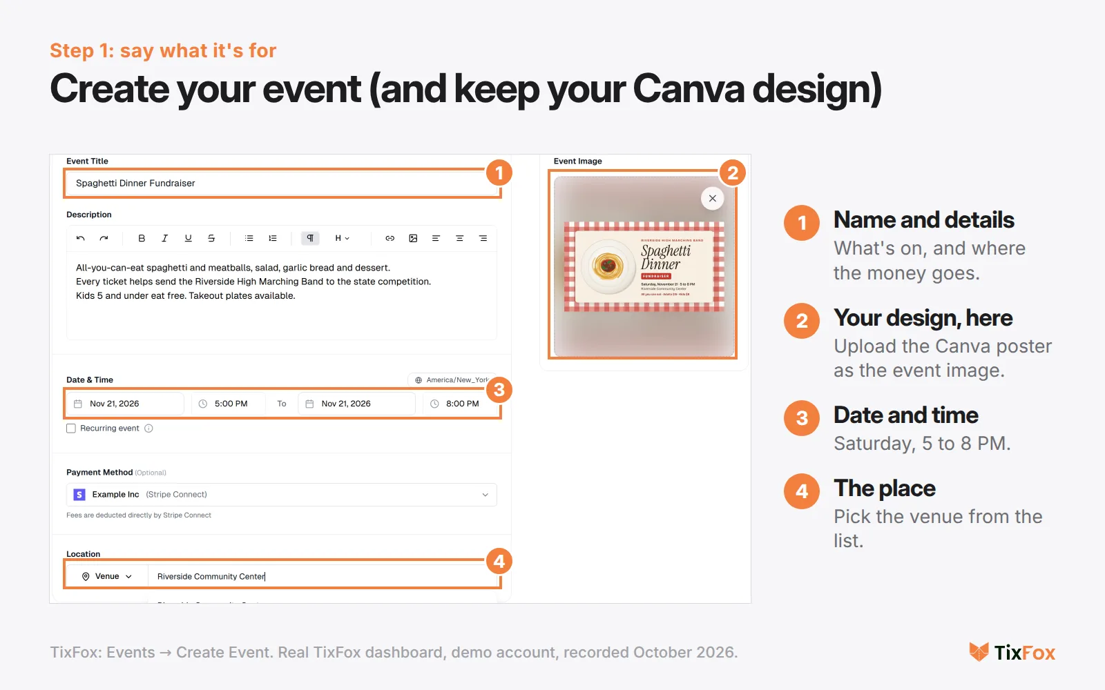 TixFox Create Event form for the Spaghetti Dinner Fundraiser: event title, description, date and time, venue, and a Canva-style poster uploaded as the event image