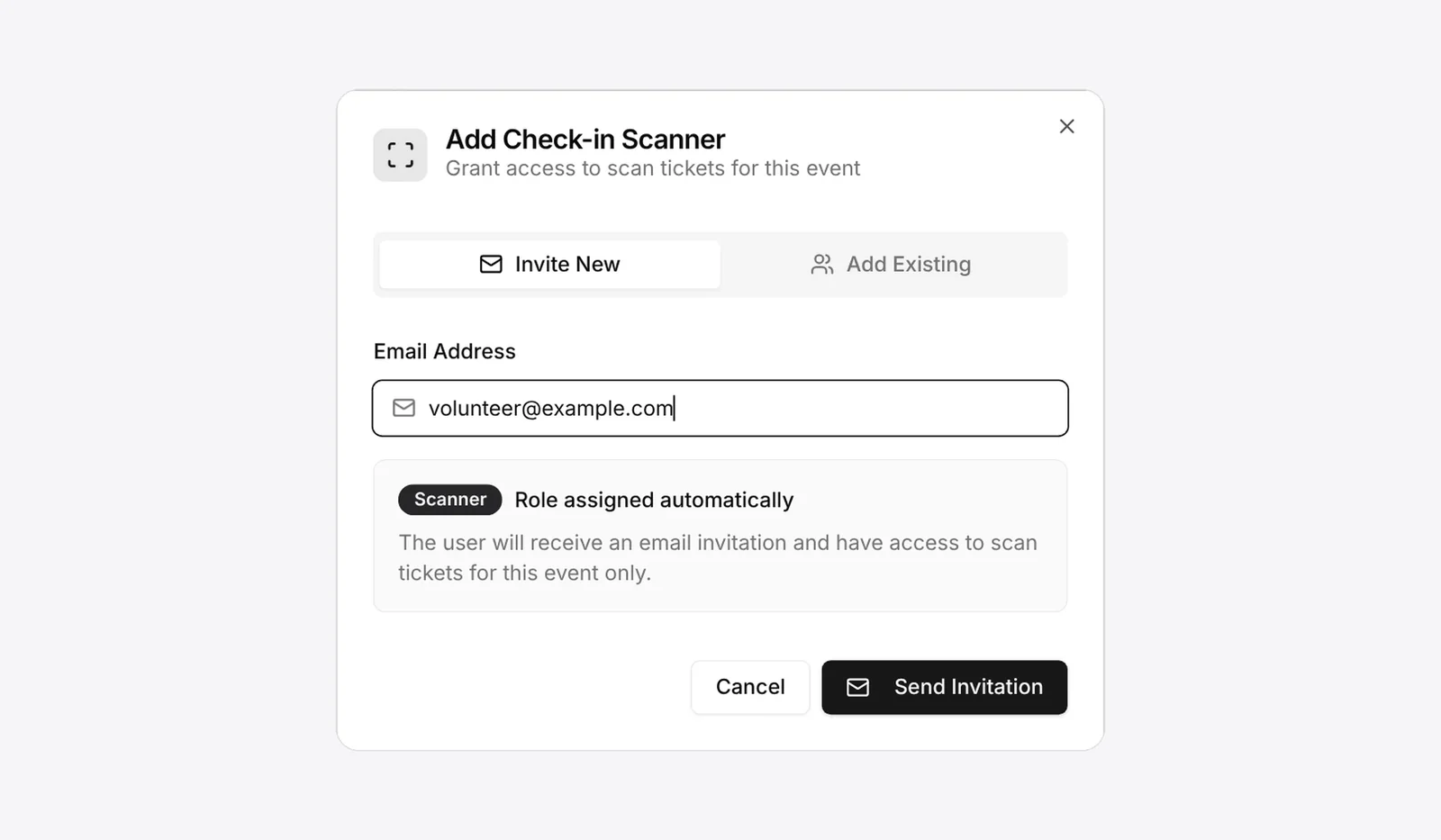 TixFox Add Check-in Scanner screen: invite a volunteer by email and they get the Scanner role, with access to scan tickets for this event only