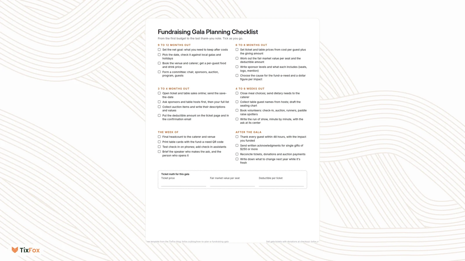 The free fundraising gala planning checklist: 9 to 12 months out, 6 to 8 months out, 3 to 4 months out, 4 to 6 weeks out, the week of and after the gala, each with four tasks, and a box for ticket price, fair market value per seat and deductible per ticket.