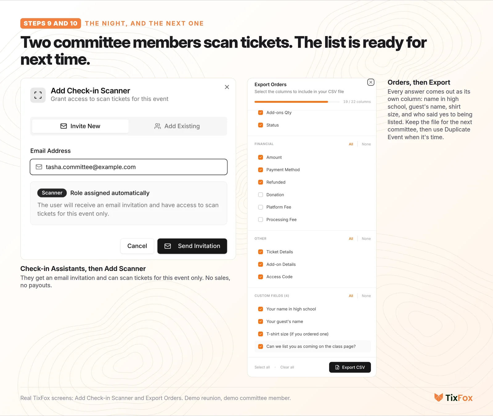 Check-in and the list for next time: adding a check-in scanner in TixFox, who can scan tickets for this event only, and the Orders export with every checkout answer as its own column.