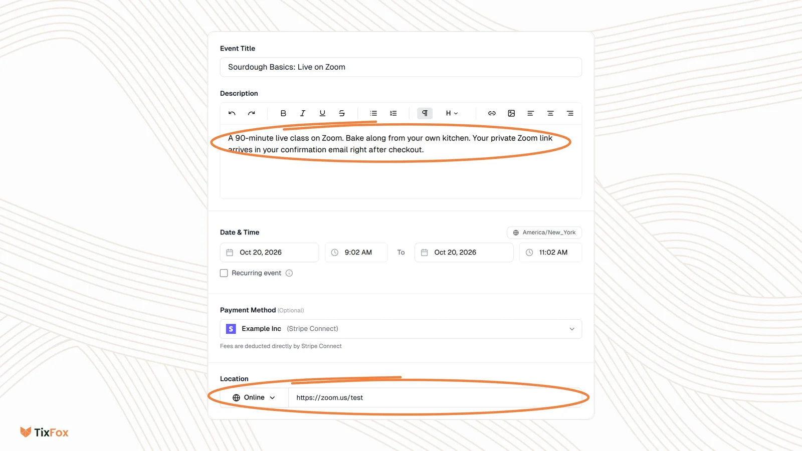 TixFox's Create Event form for a Zoom class: the title "Sourdough Basics: Live on Zoom", a description that says the private Zoom link arrives in the confirmation email, and Location set to Online with Zoom's public test page, https://zoom.us/test