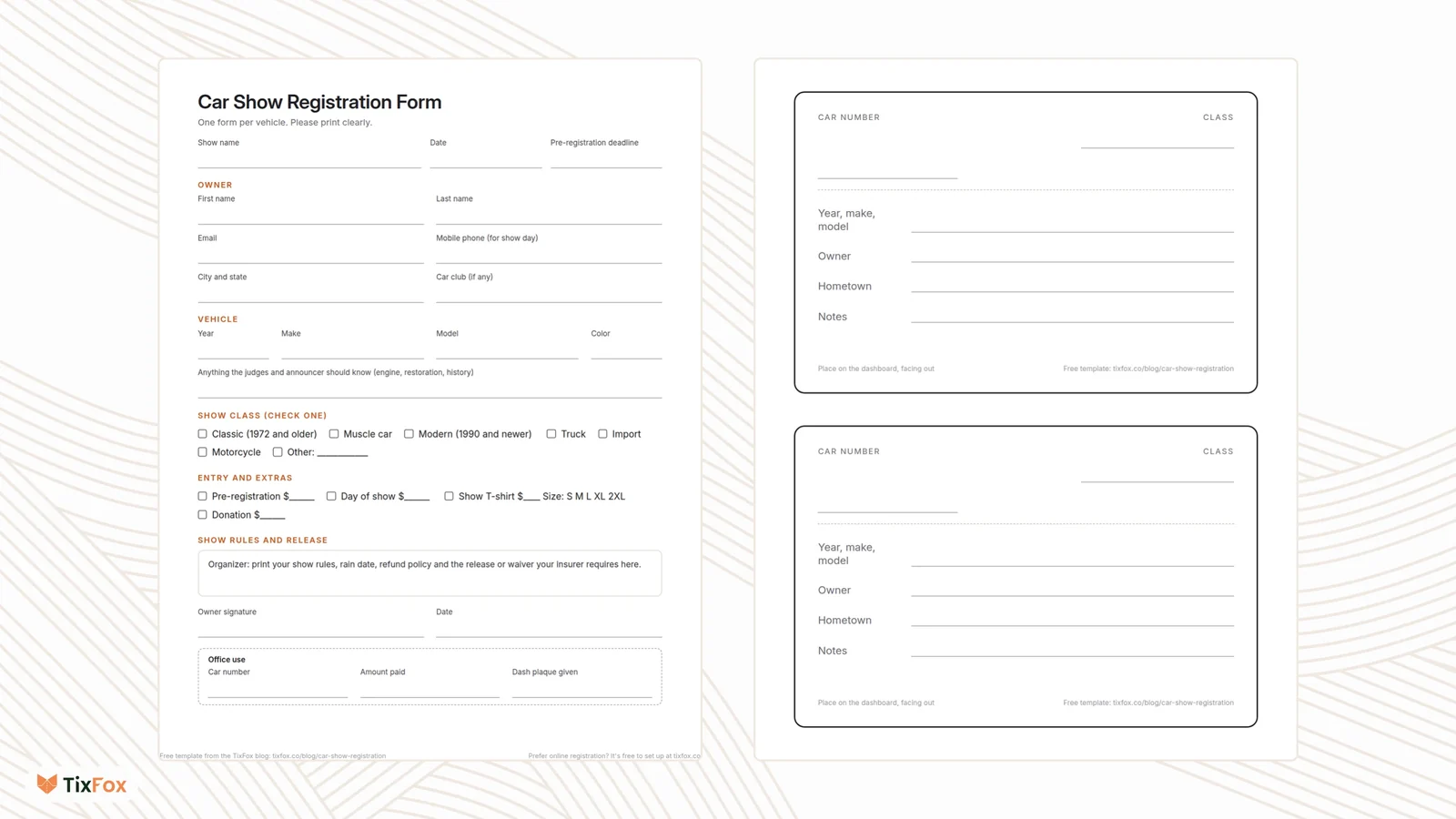 The free car show registration form and the dash card sheet, side by side: owner, vehicle, show class checkboxes, entry and extras, show rules and release, signature and office use on the form; car number, class, year, make and model, owner, hometown and notes on each dash card.