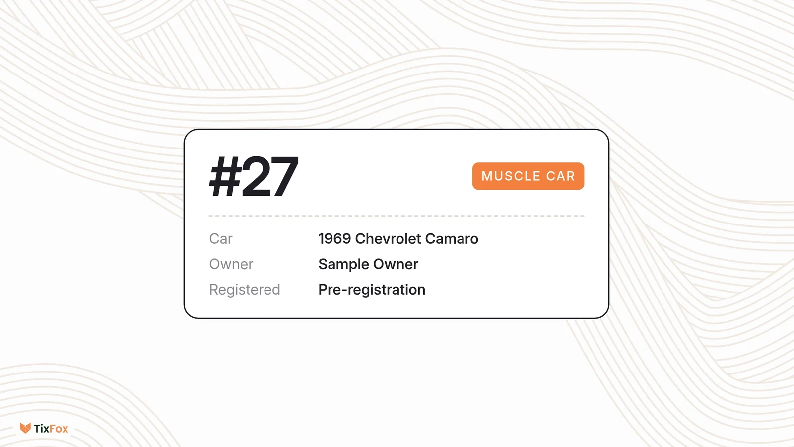 An example dash card made from the export: car number 27, Muscle car, 1969 Chevrolet Camaro, owner and registration type.