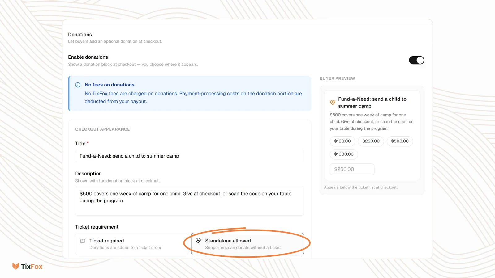 The TixFox Donations settings for a gala: Enable donations on, the note that no TixFox fees are charged on donations, the title Fund-a-Need: send a child to summer camp, a description of the impact, Standalone allowed circled, and the buyer preview with $100, $250, $500 and $1,000 amounts.