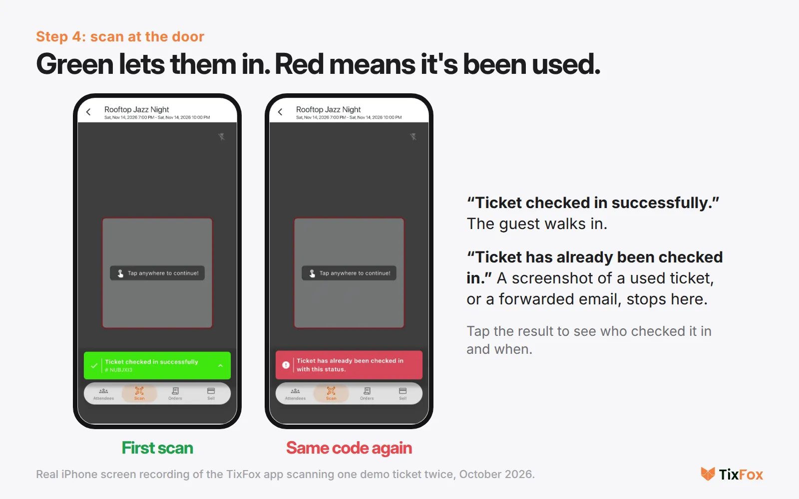 The TixFox app scanning the same ticket twice: first scan shows Ticket checked in successfully in green, the second scan shows Ticket has already been checked in with this status in red