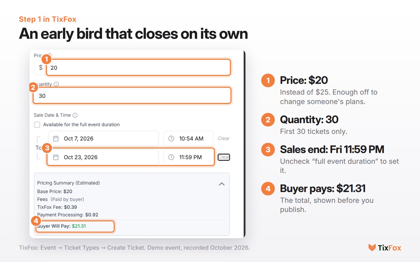Creating an Early Bird ticket type in TixFox: $20, quantity 30, sales end October 23 at 11:59 PM