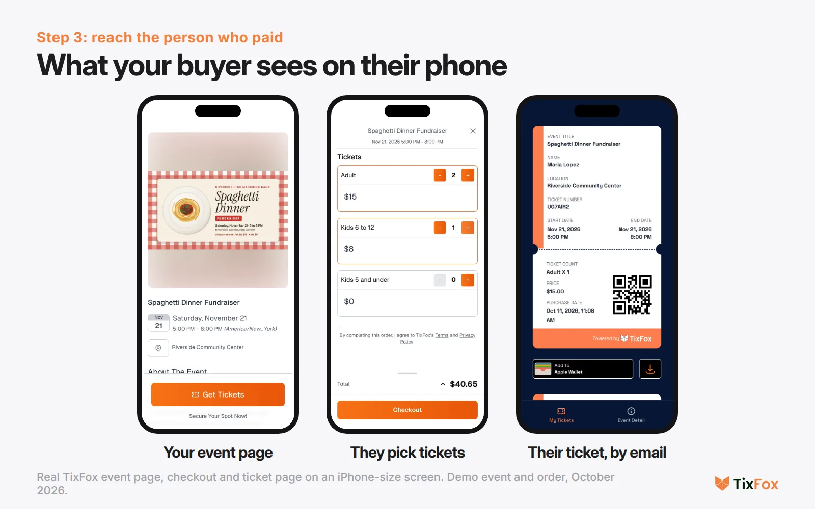 Three phone screens: the Spaghetti Dinner Fundraiser event page with the poster and Get Tickets, the ticket picker with two Adult and one Kids 6 to 12 ticket, and the buyer's ticket with ticket number and QR code