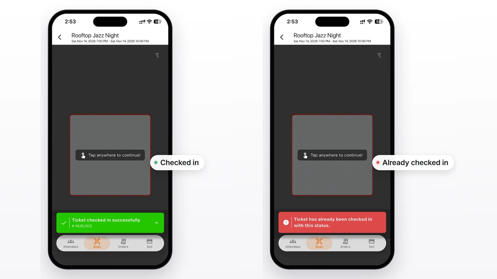 The TixFox check-in app scanning the same ticket twice: Ticket checked in successfully on the first scan, and Ticket has already been checked in on the second