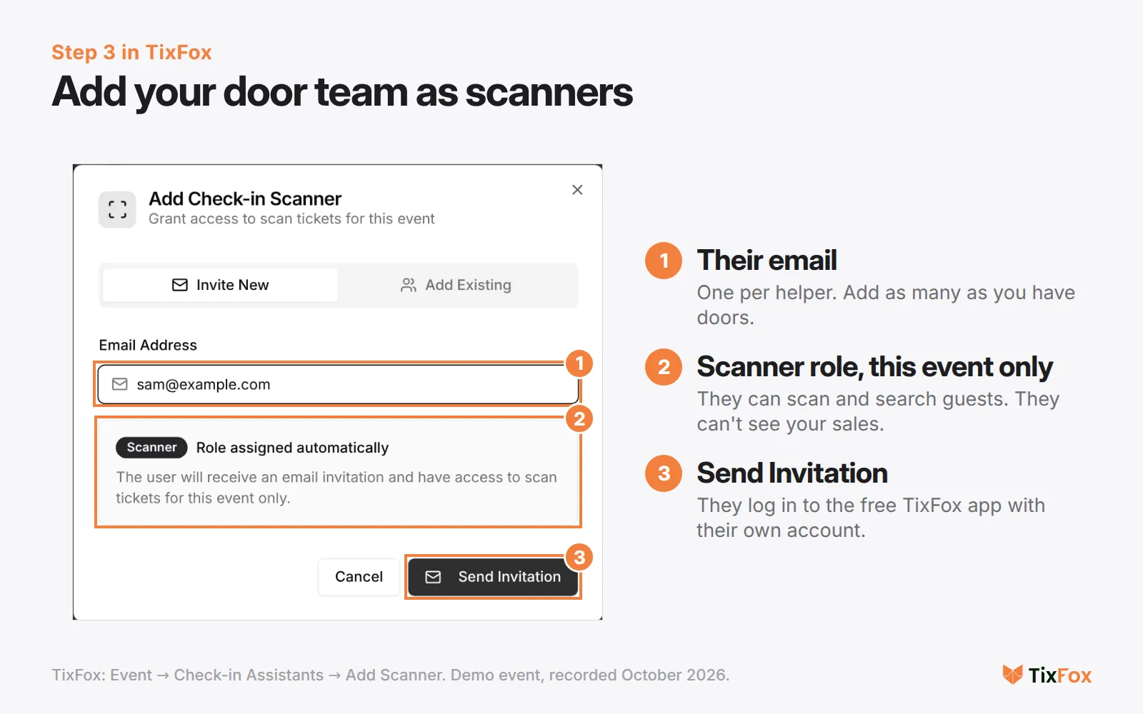 Add Check-in Scanner in TixFox: enter the helper's email, the Scanner role is assigned automatically with access to scan tickets for this event only, then Send Invitation