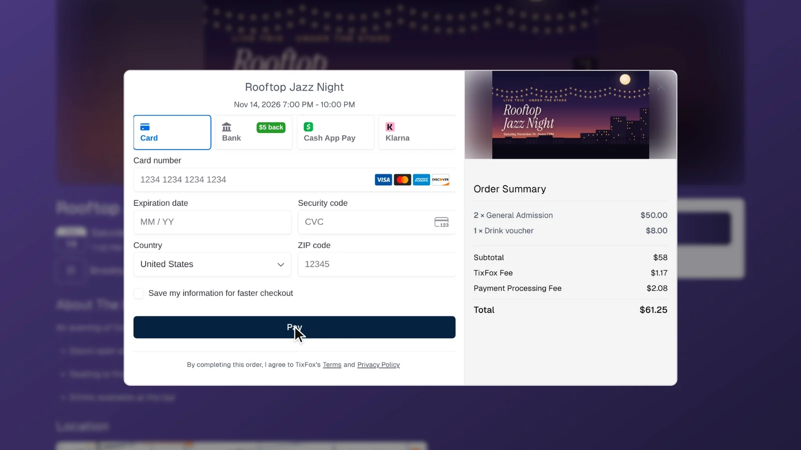 The TixFox checkout for Rooftop Jazz Night: Stripe's payment form with card, bank, Cash App Pay and Klarna options next to the order summary of 2 General Admission tickets and a drink voucher, TixFox fee $1.17, payment processing $2.08, total $61.25