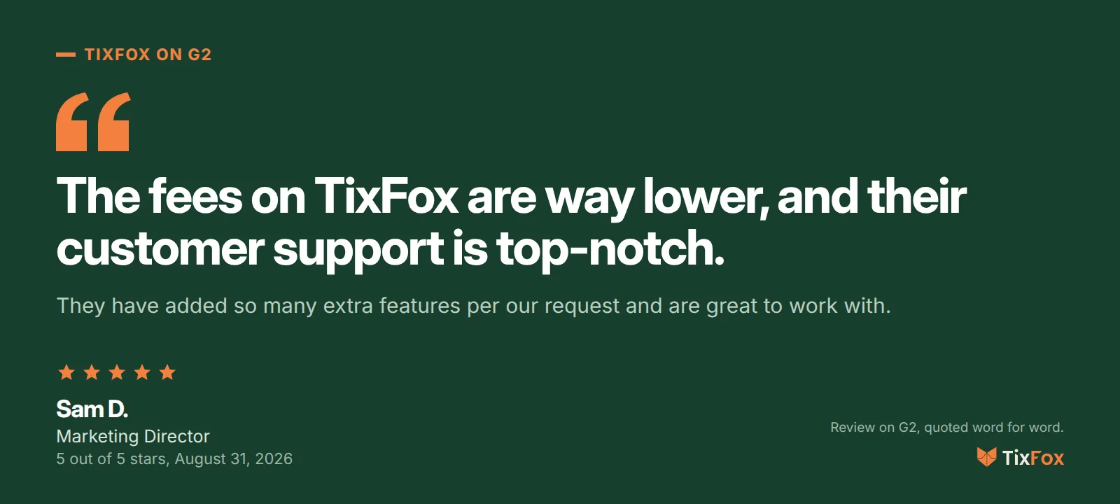 Five-star G2 review of TixFox from Sam D., marketing director, August 31, 2026: the fees on TixFox are way lower, and their customer support is top-notch, and they have added so many extra features per our request