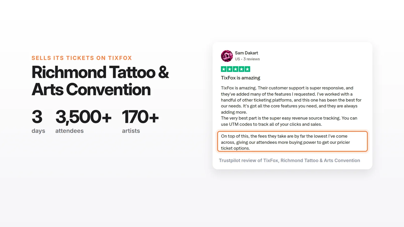 Richmond Tattoo and Arts Convention: 3 days, 3,500+ attendees, 170+ artists, sells its tickets on TixFox. Trustpilot review by Sam Dakart: on top of this, the fees they take are by far the lowest I've come across