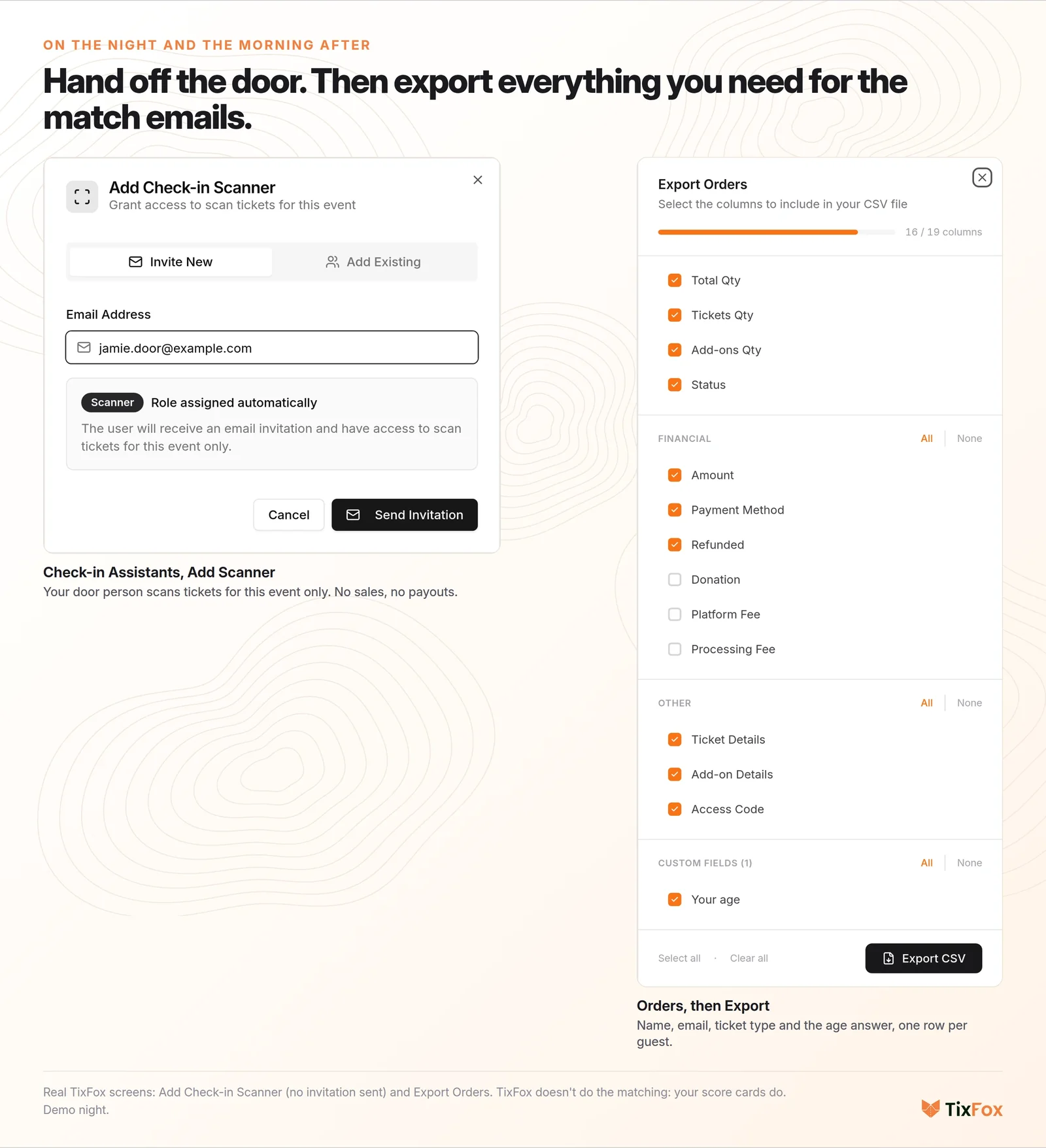 On the night and the morning after: adding a check-in assistant in TixFox (they can only scan tickets for this event), and the Orders export with the Your age column ticked.