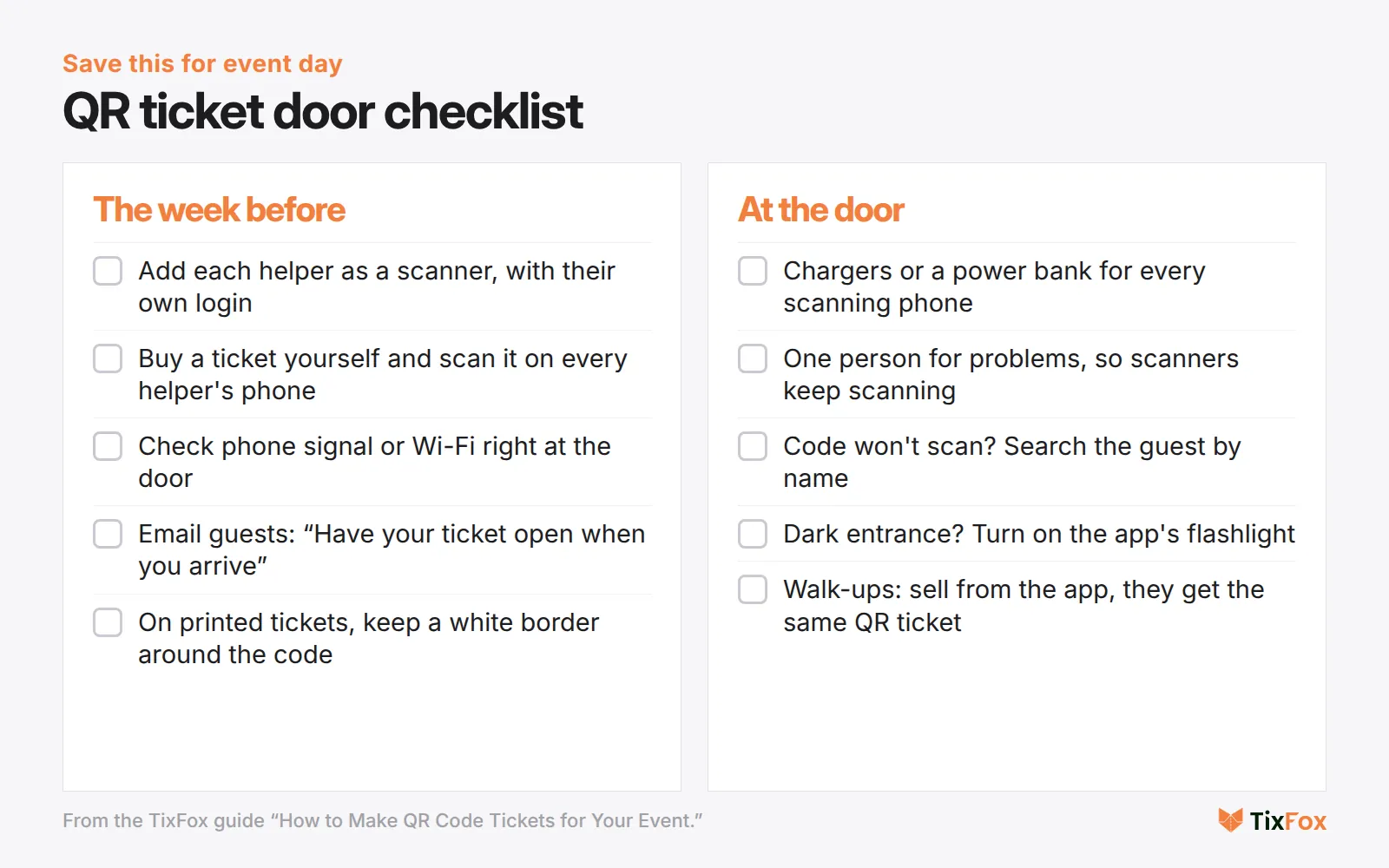 Door checklist. The week before: add each helper as a scanner, test-scan a ticket on every helper's phone, check signal at the door, email guests to have tickets ready, keep a white border on printed codes. At the door: chargers, one person for problems, search by name if a code won't scan, flashlight for dark entrances, sell walk-ups from the app
