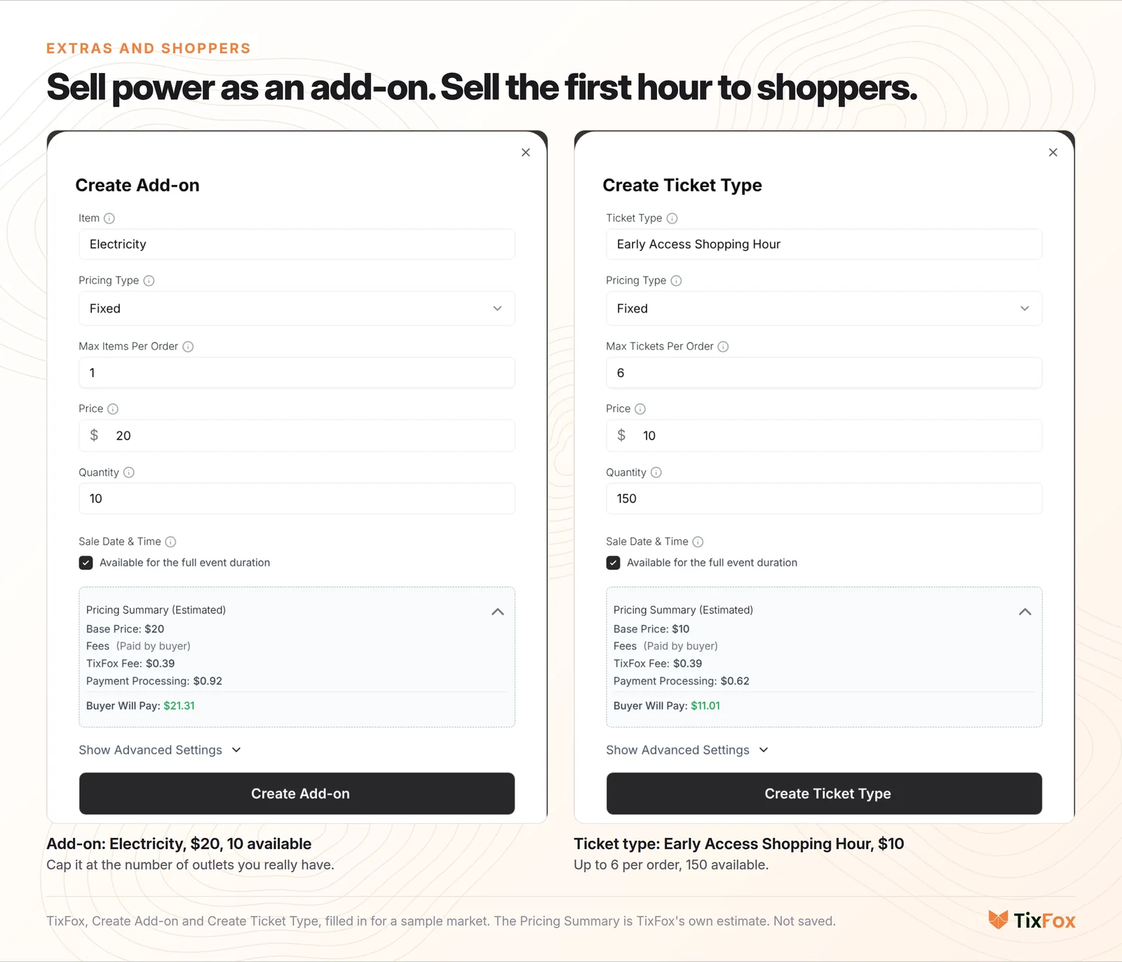 An Electricity add-on in TixFox at $20 with 10 available and 1 per order, next to an Early Access Shopping Hour ticket for shoppers at $10, up to 6 per order, 150 available.