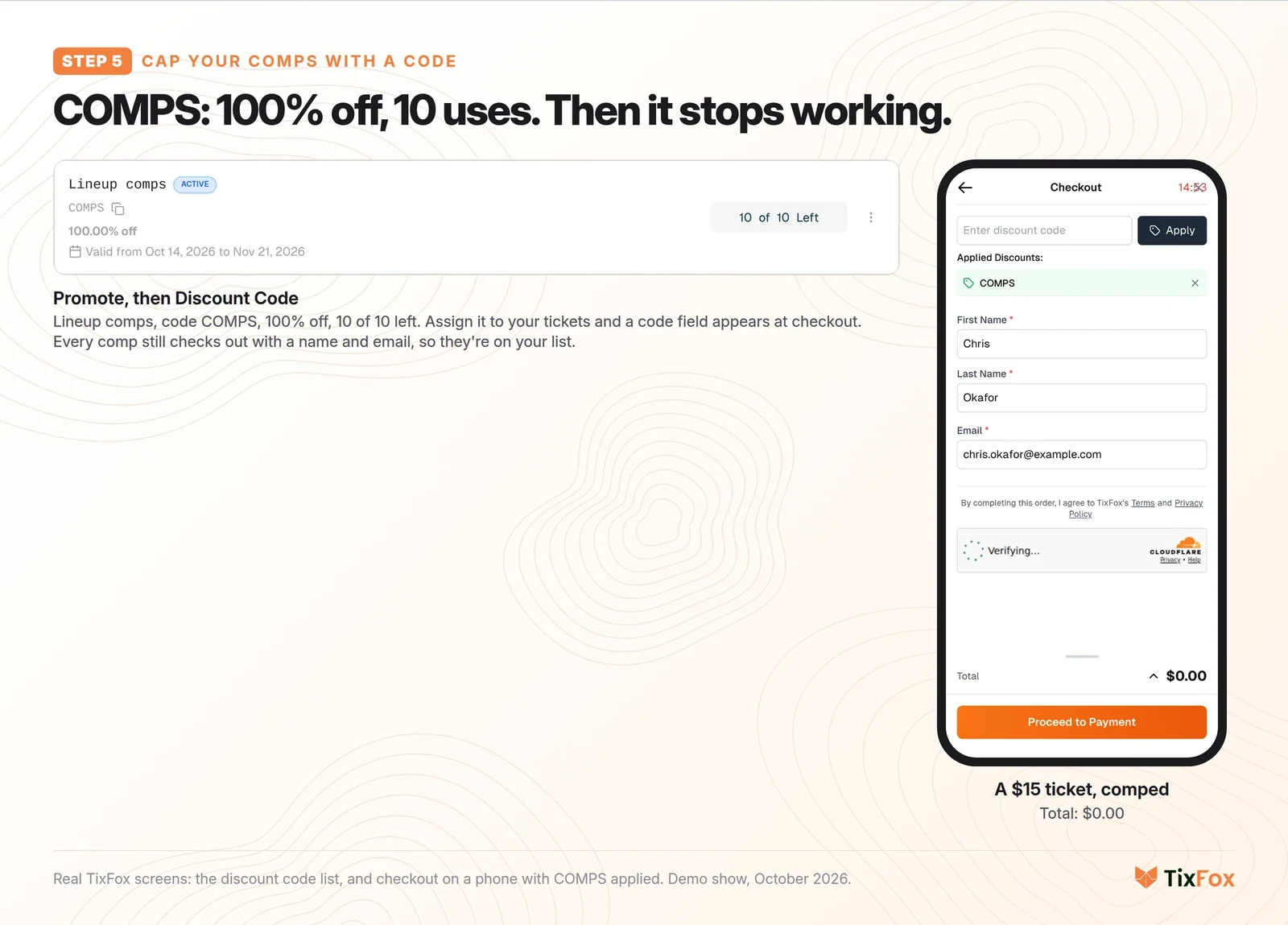 Real TixFox screens. Left: the Lineup comps discount code, COMPS, 100% off, 10 of 10 left. Right: the checkout on a phone with COMPS applied and the total at $0.00