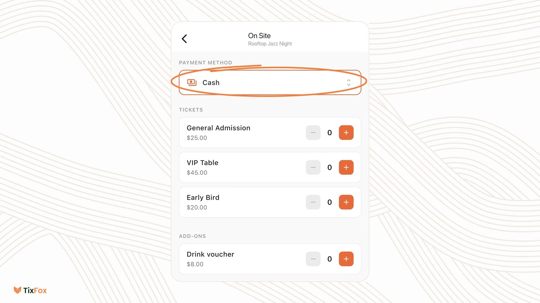 The On Site screen in the TixFox app for Rooftop Jazz Night, with Payment Method set to Cash circled, and General Admission, VIP Table, Early Bird and a Drink voucher add-on with plus and minus buttons.