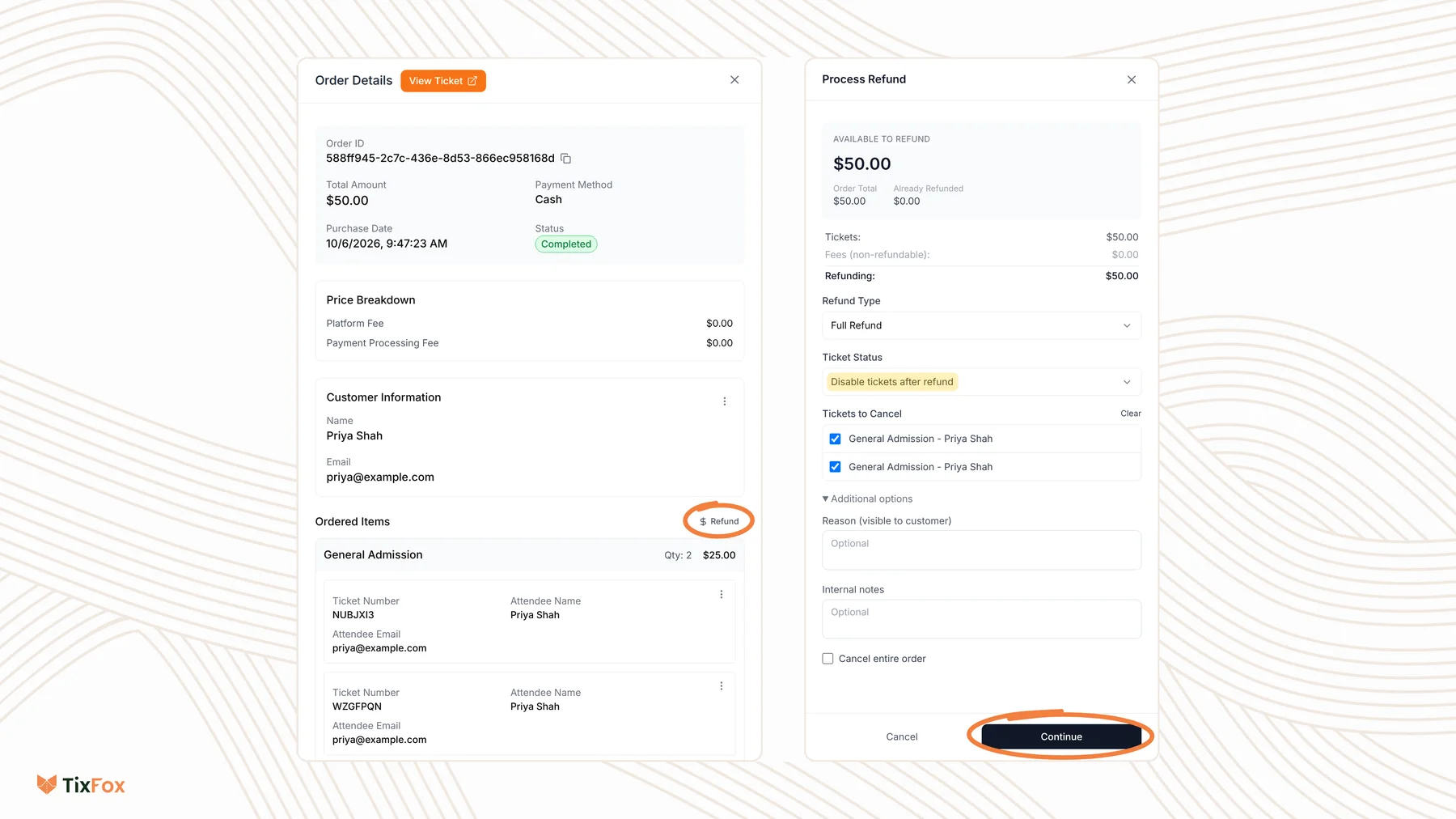 Order Details for a Rooftop Jazz Night order with the Refund button circled, next to the Process Refund window showing $50.00 available to refund, Full Refund, Disable tickets after refund highlighted, both tickets ticked under Tickets to Cancel, and the Continue button circled.