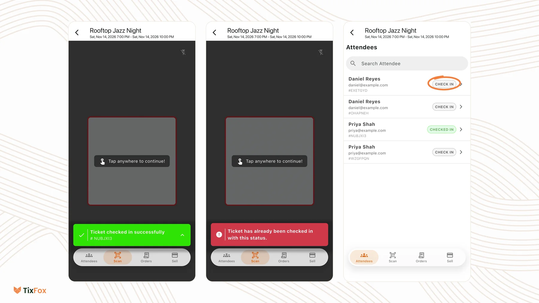 Three screens from the TixFox app for Rooftop Jazz Night: a green Ticket checked in successfully message, a red Ticket has already been checked in message, and the Attendees list with a Check in button circled.