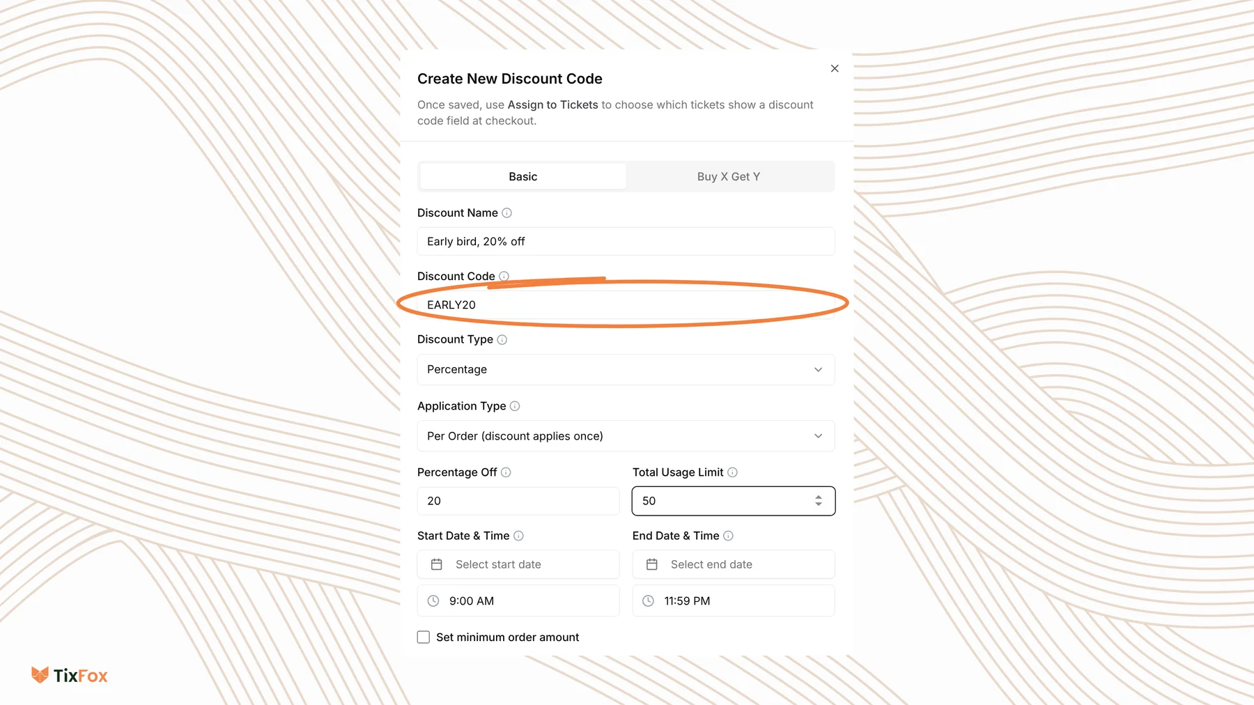 The Create New Discount Code panel on the Basic tab: Discount Name Early bird, 20% off, Discount Code EARLY20, Discount Type Percentage, Application Type Per Order, Percentage Off 20 and Total Usage Limit 50.