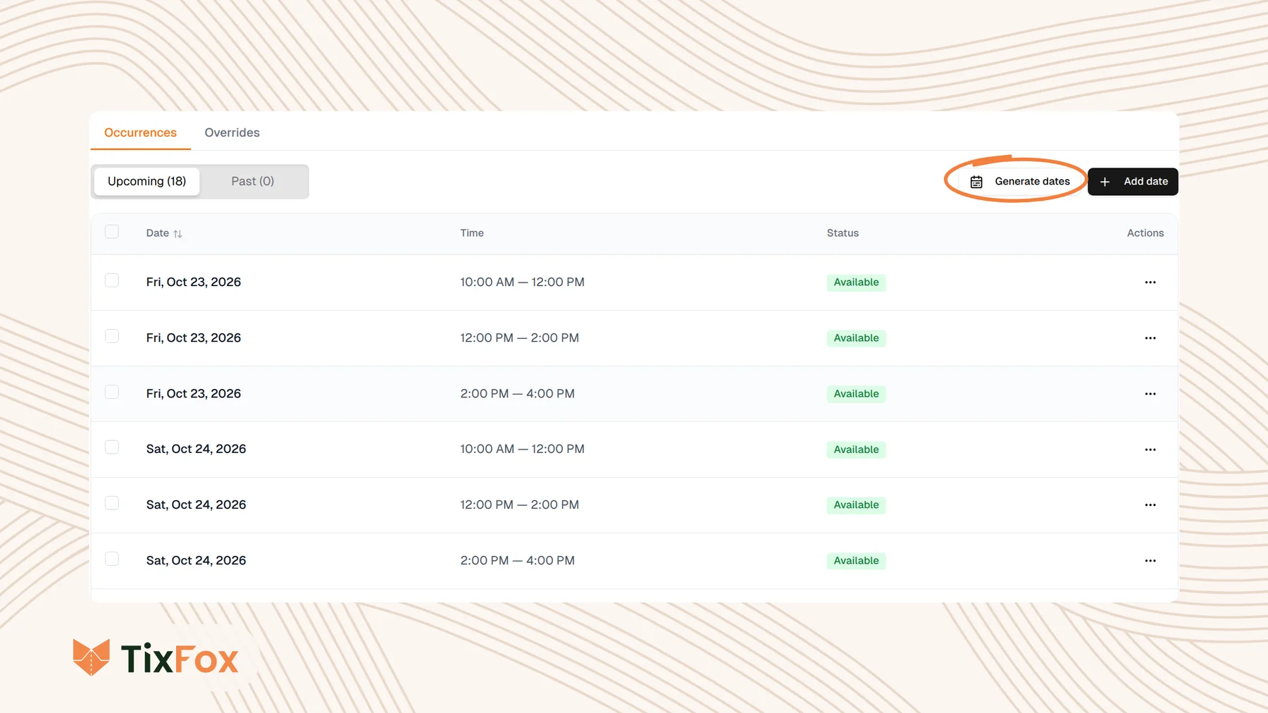 The Occurrences tab of a recurring event showing Upcoming (18), Generate dates and Add date buttons, and a list of dates from Fri, Oct 23, 2026 with three time slots each, all Available.