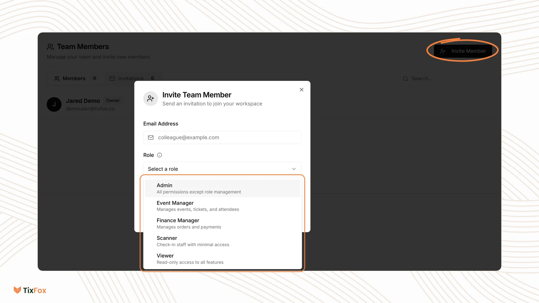 The Team Members page in TixFox Settings with the Invite Member button circled, and the Invite Team Member window open with the role list outlined: Admin, Event Manager, Finance Manager, Scanner and Viewer, each with a short description.