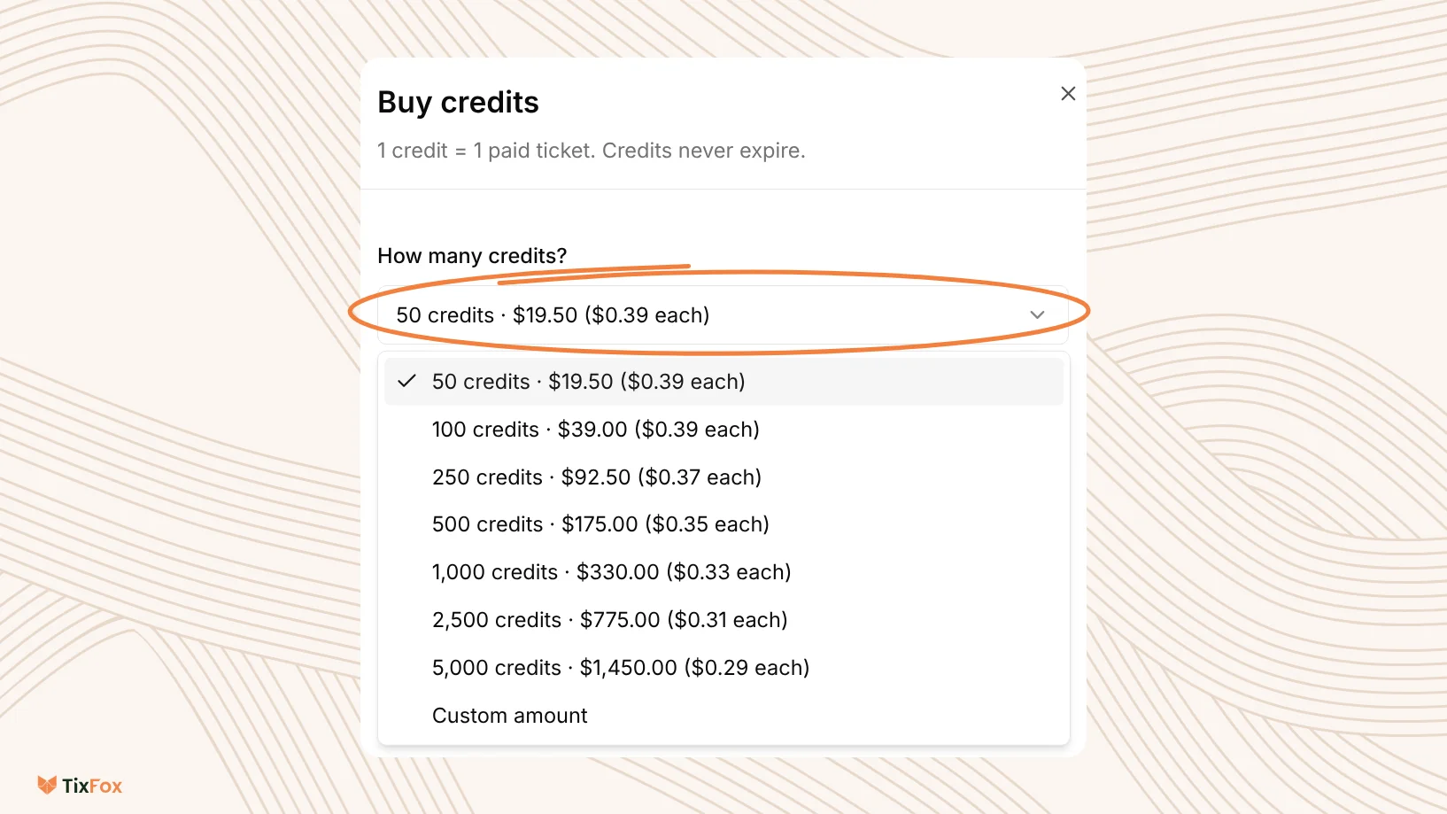 The Buy credits window in TixFox with the How many credits? list open, showing packs from 50 credits for $19.50 ($0.39 each) to 5,000 credits for $1,450.00 ($0.29 each), and Custom amount.