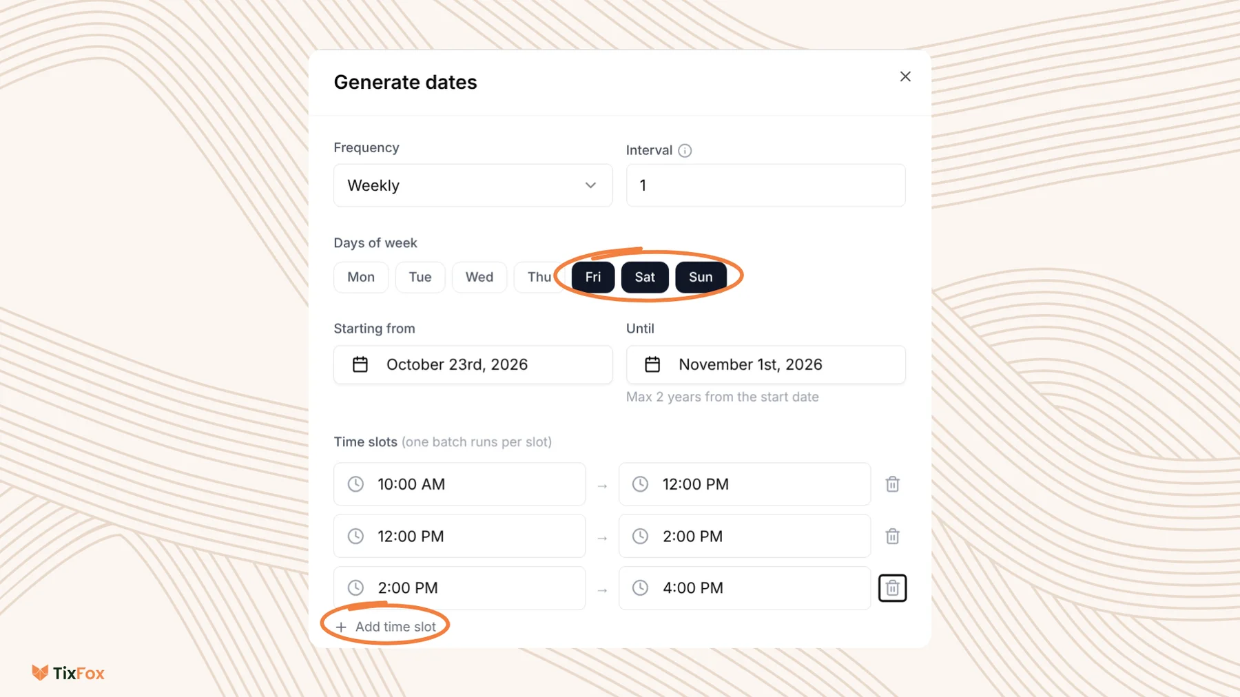 The Generate dates window: Frequency Weekly, Interval 1, Fri, Sat and Sun selected, starting October 23rd and until November 1st, with three time slots: 10:00 AM to 12:00 PM, 12:00 PM to 2:00 PM and 2:00 PM to 4:00 PM.