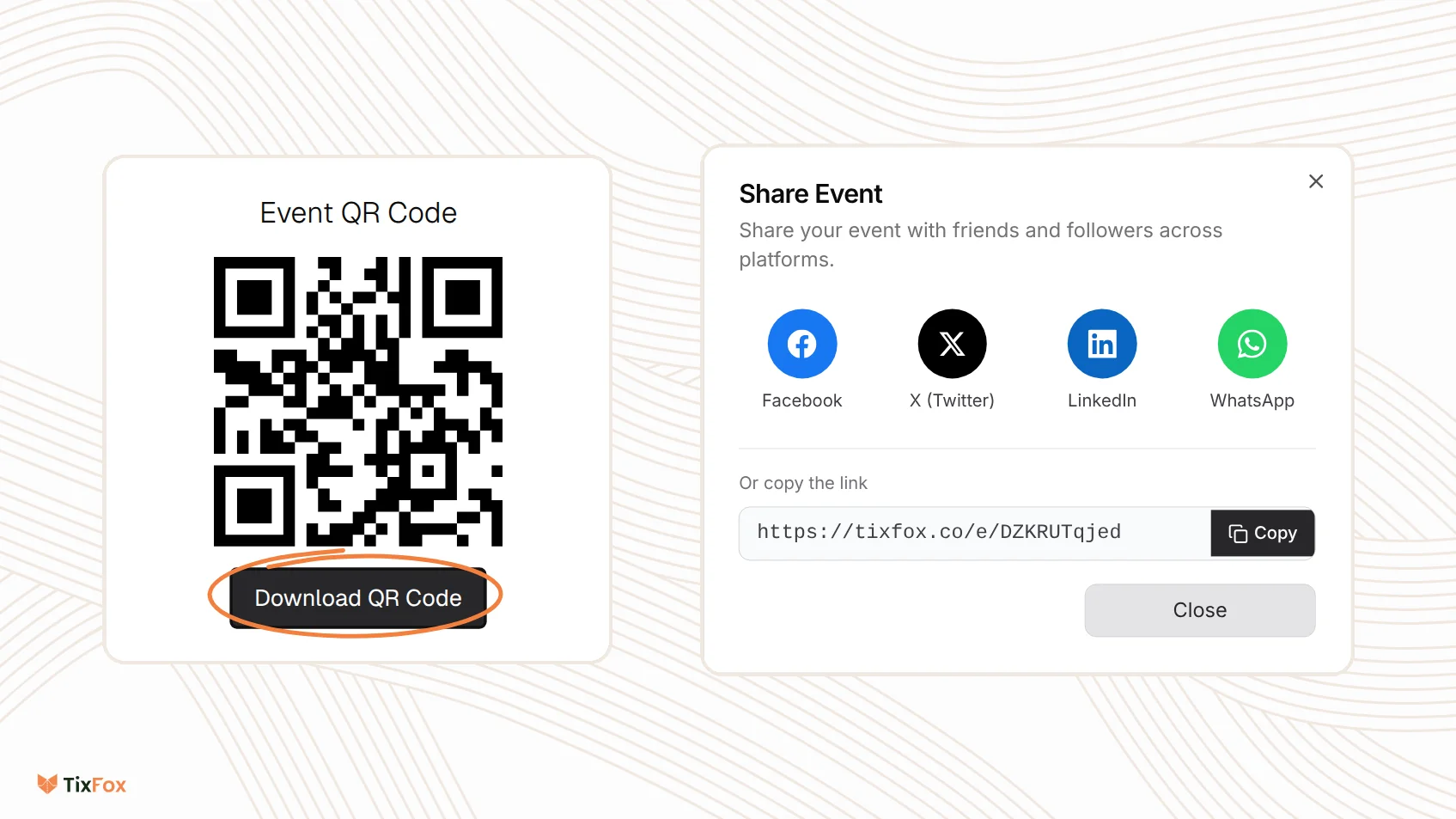 The Event QR Code window with the Download QR Code button circled, next to the Share Event window with Facebook, X (Twitter), LinkedIn and WhatsApp, and the event link with a Copy button.