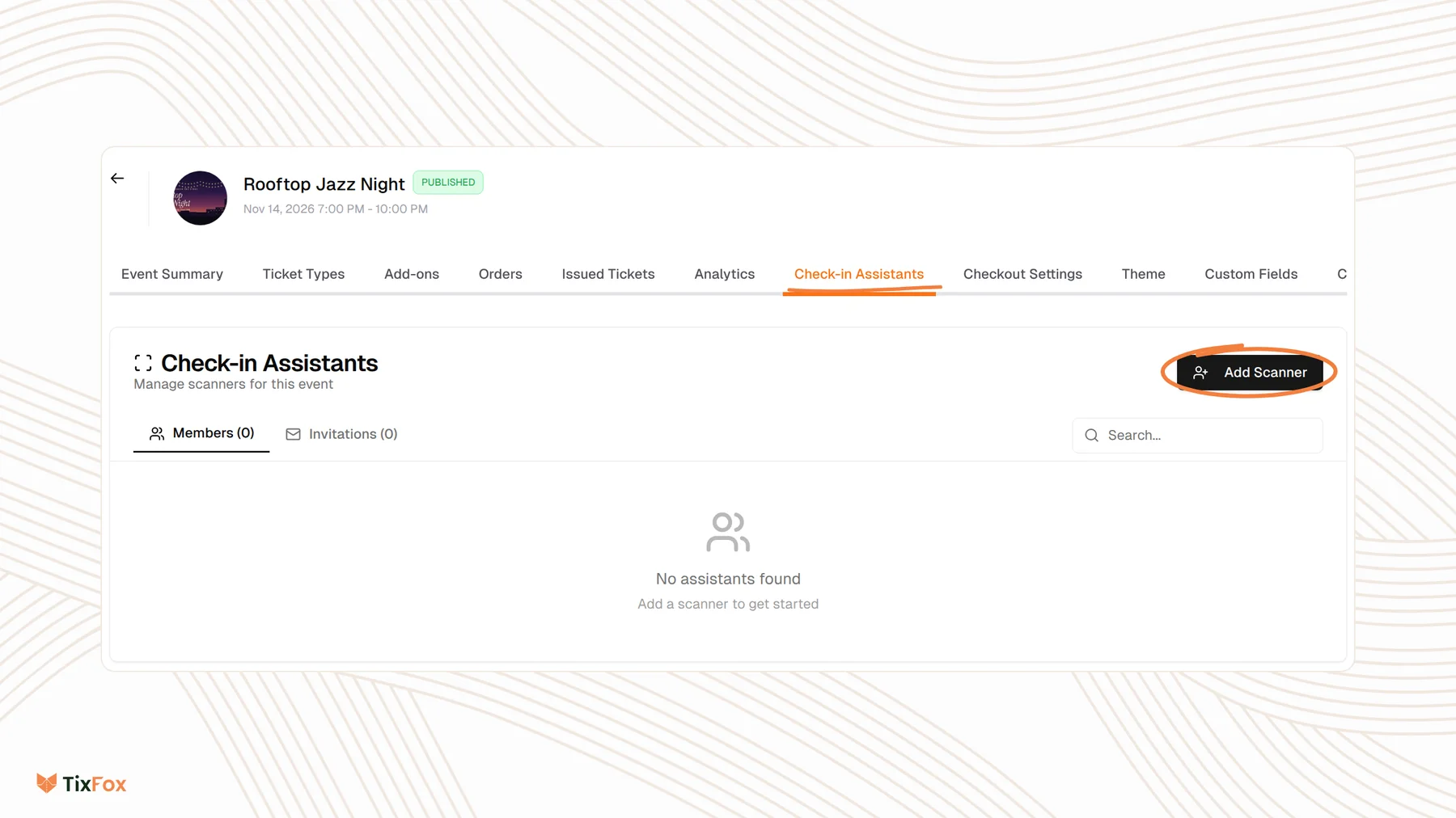 The Check-in Assistants tab of an event in TixFox, with Members and Invitations, and the Add Scanner button circled.