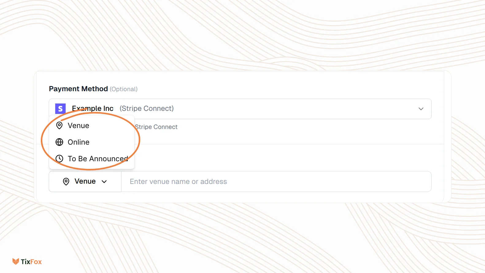 The Location type menu open, with the options Venue, Online and To Be Announced.