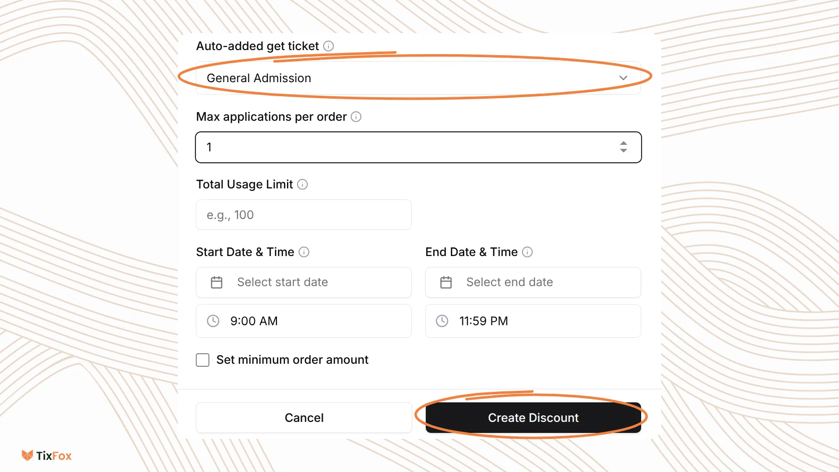 The bottom of the Buy X Get Y form: Auto-added get ticket set to General Admission, Max applications per order 1, Total Usage Limit, Start and End Date and Time, Set minimum order amount, and the Create Discount button.