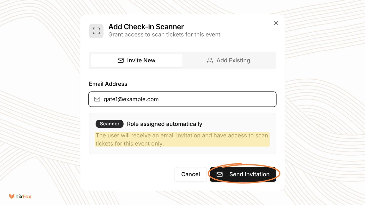 The Add Check-in Scanner window with Invite New selected, an email address entered, the note that the user can scan tickets for this event only, and the Send Invitation button circled.