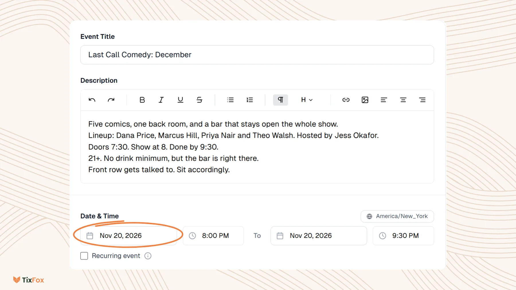 The Update Event page for the copy, Last Call Comedy: December, showing the event title, the description, and Date and Time still set to Nov 20, 2026, 8:00 PM to 9:30 PM.