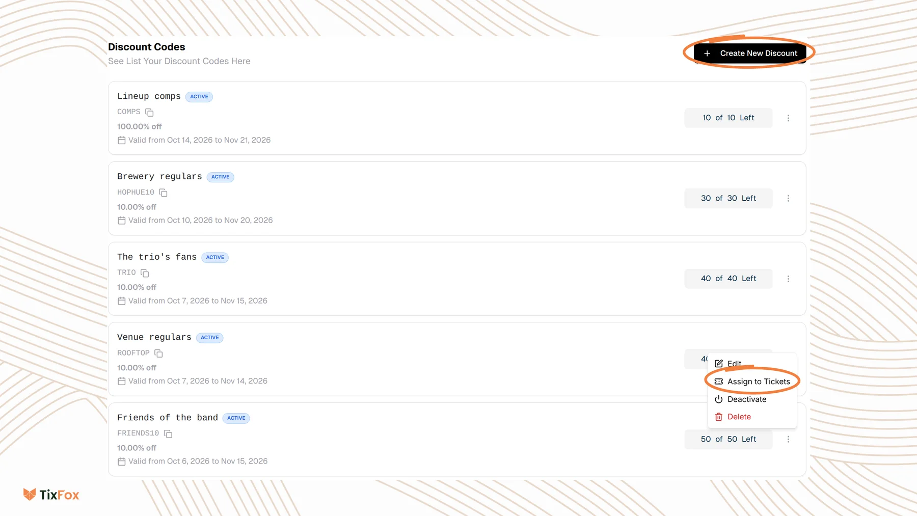 The Discount Codes list under Promote, showing each code with its status, amount off, valid dates and uses left. The Create New Discount button is circled, and the menu on one code is open with Edit, Assign to Tickets, Deactivate and Delete.