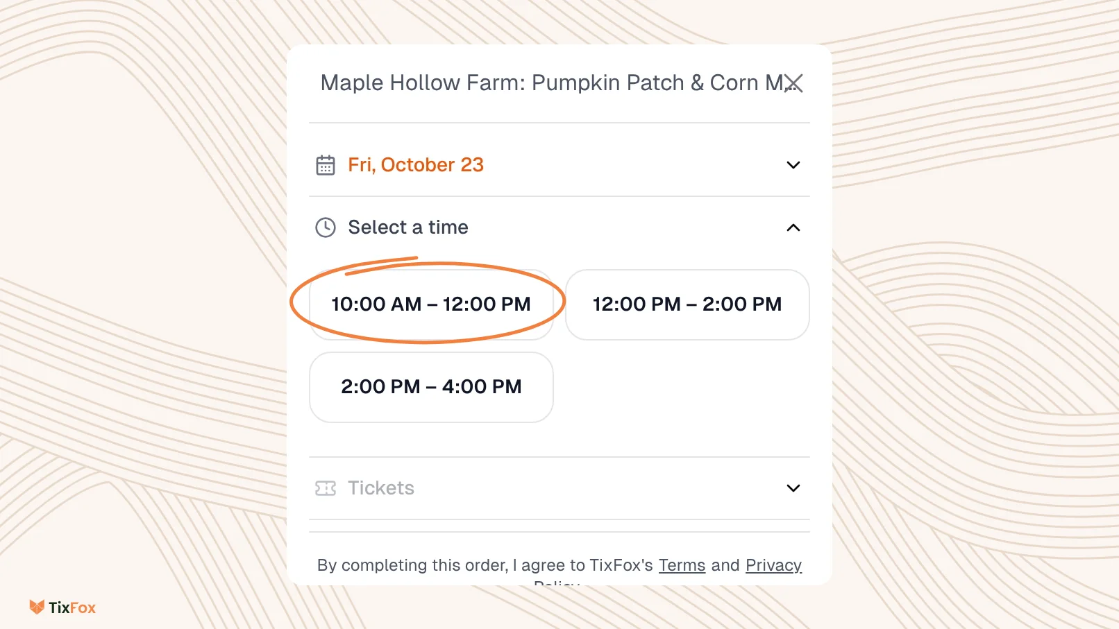 A buyer's phone on the event page: Friday, October 23 is selected and the time slots 10:00 AM to 12:00 PM, 12:00 PM to 2:00 PM and 2:00 PM to 4:00 PM are shown to choose from.