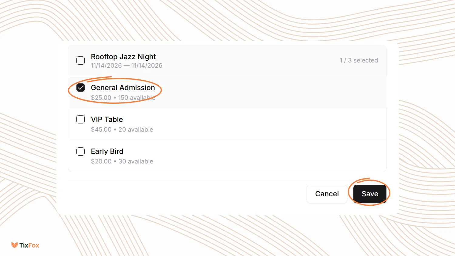 The Assign discount code to items window with General Admission ticked under Rooftop Jazz Night, and the Save button.