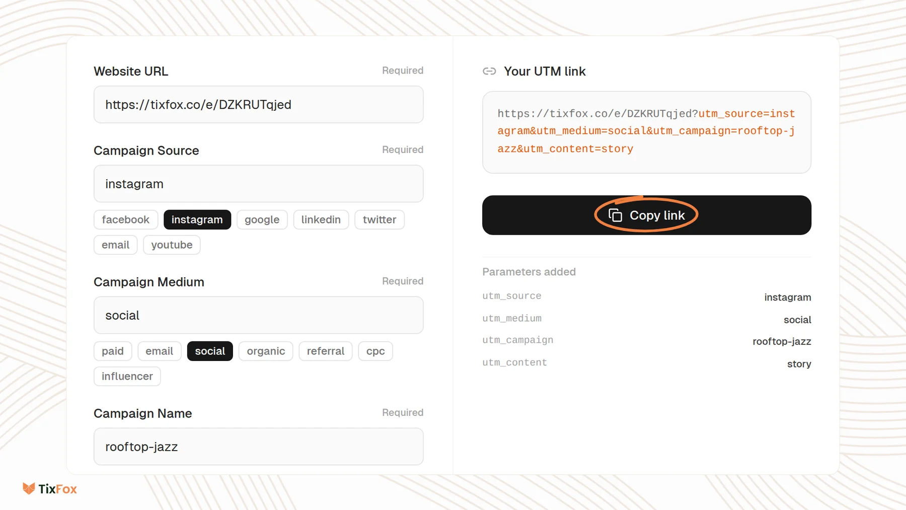 The TixFox UTM Link Builder with an event link, Campaign Source instagram, Campaign Medium social and Campaign Name rooftop-jazz, the finished UTM link, and the Copy link button circled.