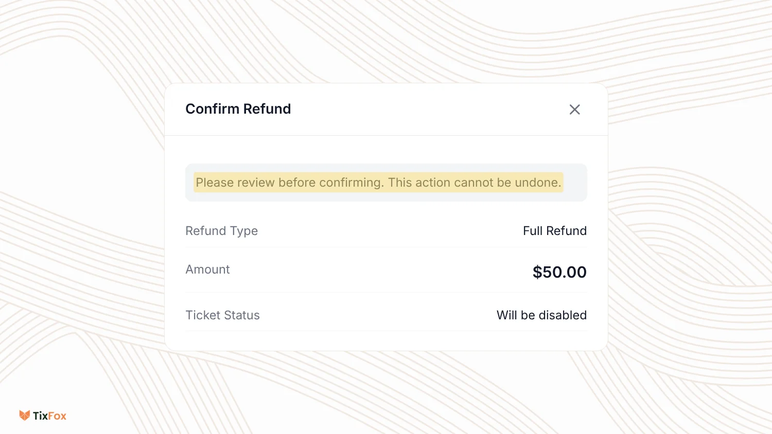 The Confirm Refund screen with the note Please review before confirming. This action cannot be undone. highlighted, and a summary of Full Refund, $50.00 and Ticket Status Will be disabled.