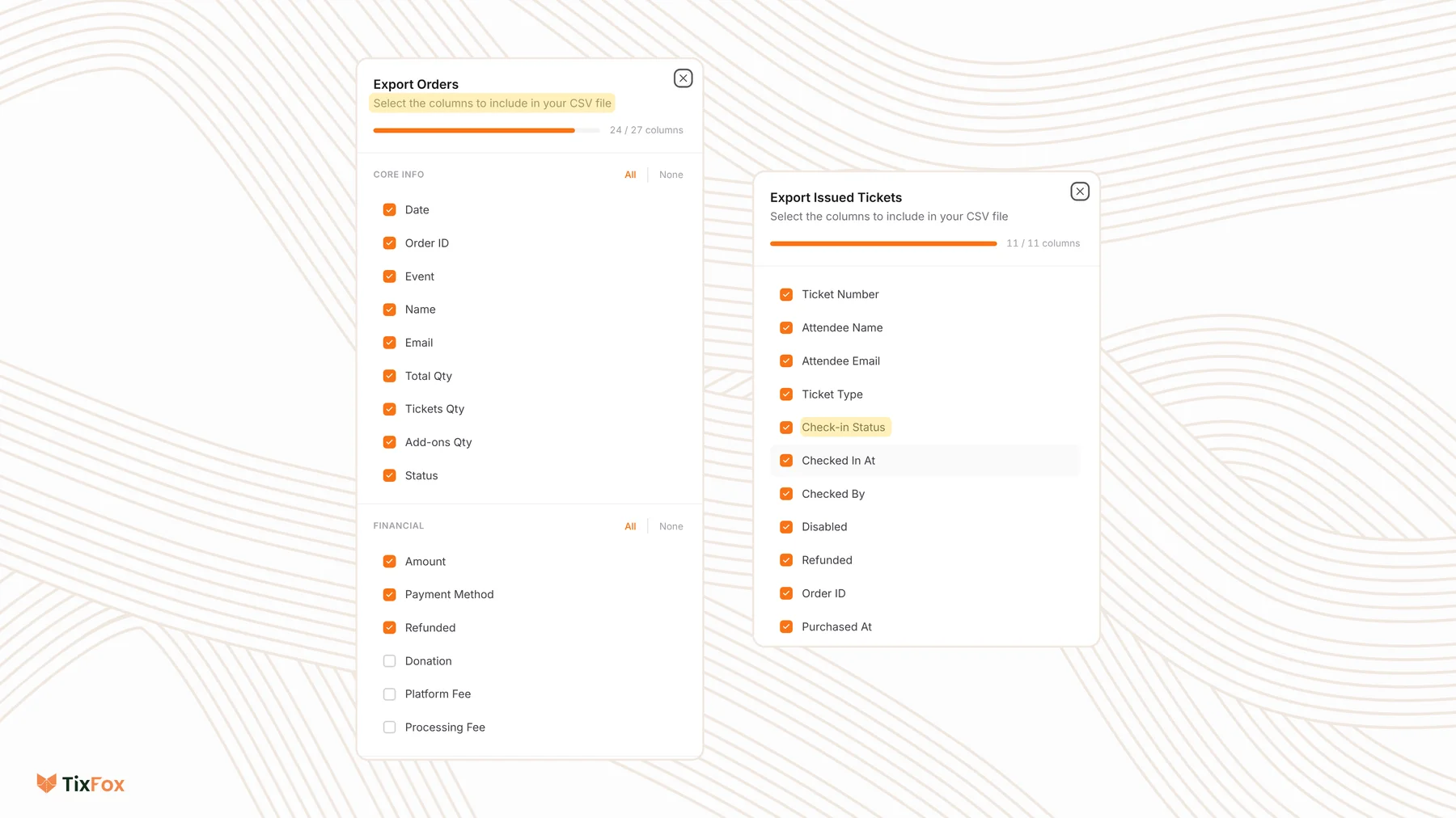 The Export Orders window in TixFox with Select the columns to include in your CSV file highlighted and Core Info and Financial columns ticked, next to the Export Issued Tickets window with all 11 columns ticked and Check-in Status highlighted.