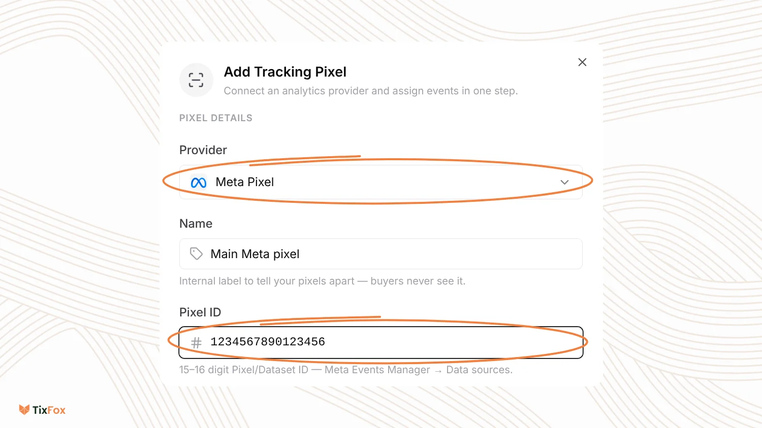 The Add Tracking Pixel panel with Provider set to Meta Pixel, Name Main Meta pixel and a 16-digit Pixel ID.